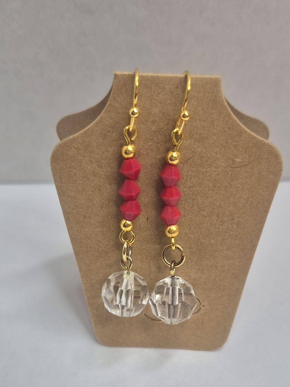 Elegant Gold-plated Dangle Earrings W/ Red Faceted Beads And Crystal Drops